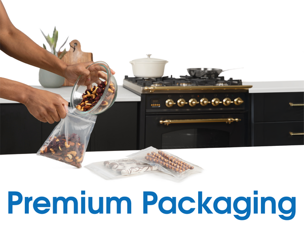 A pair of hands fill a zip bag with trail mix over a kitchen counter where two other snack bags lay.
