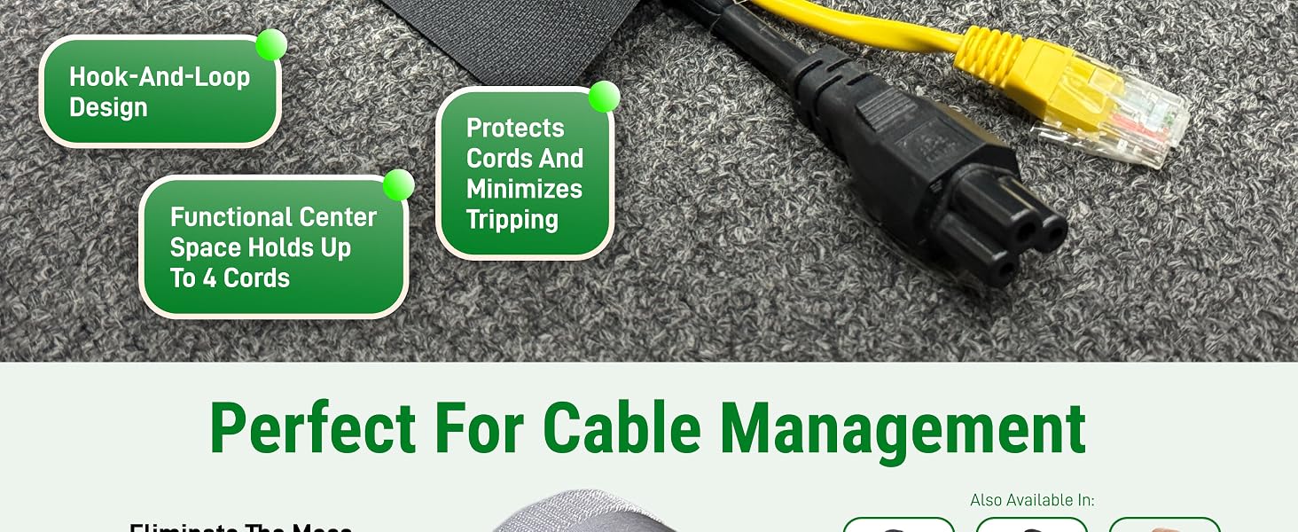 Low profile cord hider designed to blend into carpet for a clean, tidy look