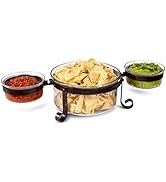 BIRDROCK HOME Chip and Dip Serving Bowl Set - Triple Glass Bowls with Metal Frame - Salsa Appetiz...
