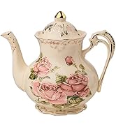 YOLIFE Pink Rose Ceramic Teapot, 29 oz/ 3 cup Ivory Vintage Porcelain Floral Tea Coffee Pot with ...