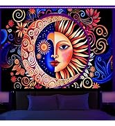 Manicer Bohemian Sun and Moon Tapestry, Blacklight Vibrant Celestial Vintage Wall Hanging, UV Rea...