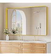 Koonmi Gold Wall Mirror for Bathroom, 36x60 Inch Matte Deep Framed Rounded Rectangle Vanity Mirro...