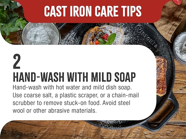 A griddle. Text reads: Wash with soap. Use hot water and mild soap for cleaning. Avoid steel wool.