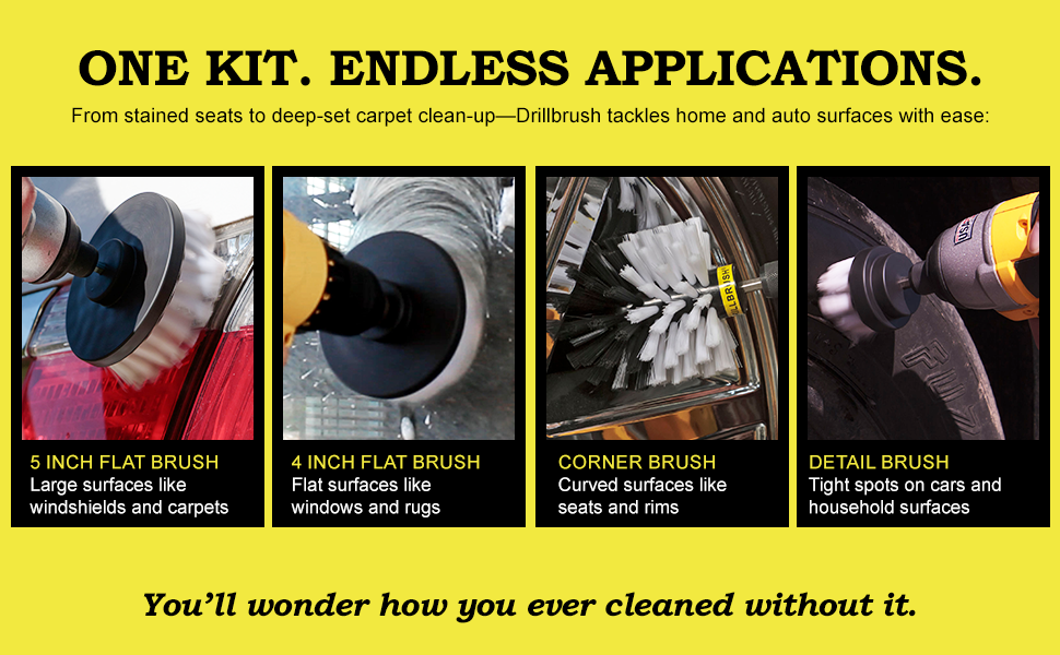 This Drillbrush detailing kit cleans surfaces like windshields, carpets, and automotive surfaces