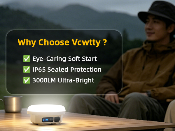 Camping lantern on an outdoor table highlighting eye-care, IP65, and 3000LM features