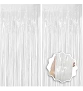 JEBUTU White Foil Fringe Backdrop Curtains 2 Pack 3.3x8.2 Ft Tinsel Streamers Birthday Party Deco...