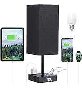 Black Lamp for Bedroom-Touch Lamp with USB-C+A and AC Outlets,3 Way Bedside Nightstand Square Tab...