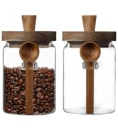 ANSQU Set of 2 Glass Food Storage Jars with Bamboo Wood Lid and Spoon, 20.3oz Glass Kitchen Canis...