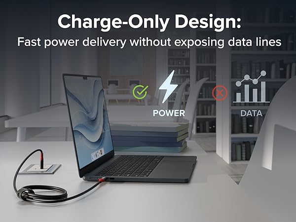 USB C cable fast charging a laptop with power icon shown and data icon crossed out