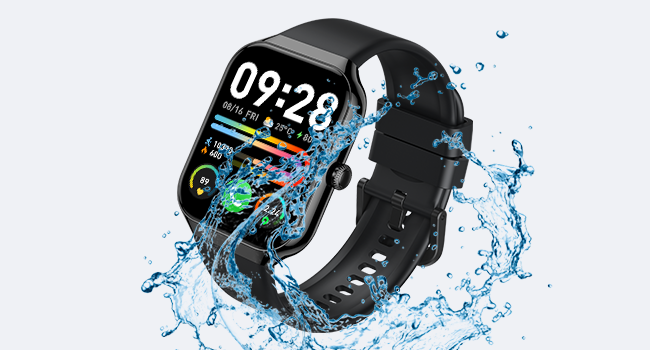 Black smartwatch with large square display showing time 09:28, surrounded by water splashes, indicating water resistance.