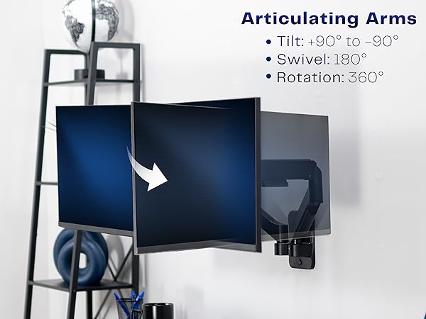 Monitor floating on wall above desk setup