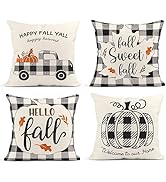 Bayson Set of 4 Fall Pumpkin Throw Pillow Covers Black and White Buffalo Pumpkin Cart Pillowcases...