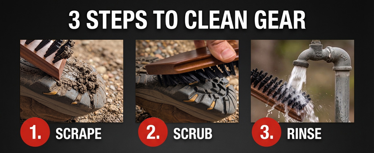 steps to clean gear scrape scrub rinse shows work boot being cleaned