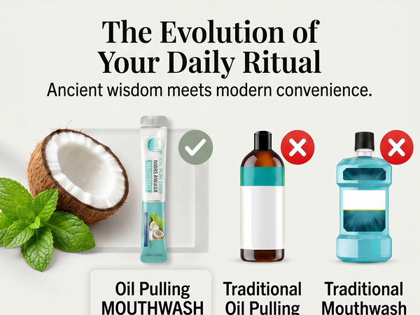 M-MW oil pulling mouthwash vs traditional bottles for convenient daily oral care.