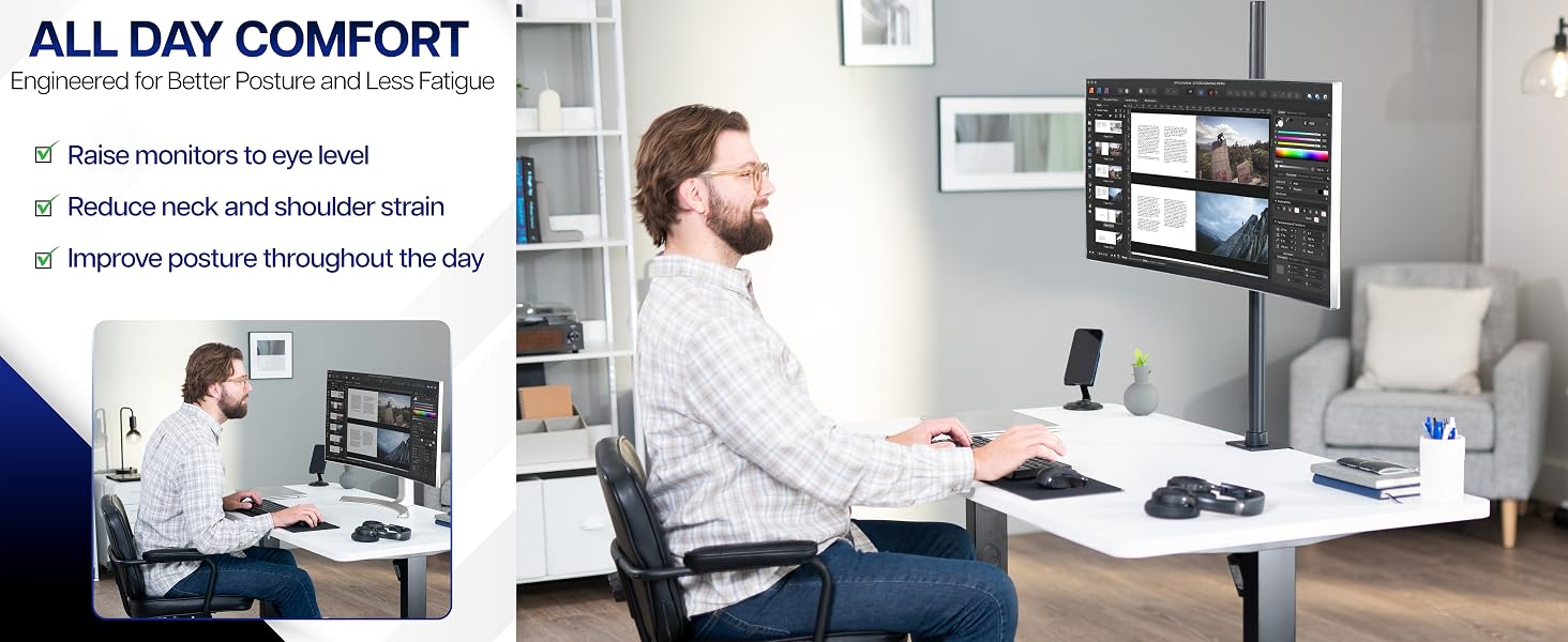 tall monitor mount adjustable desk stand clamp grommet tilt swivel rotate ergonomic setup