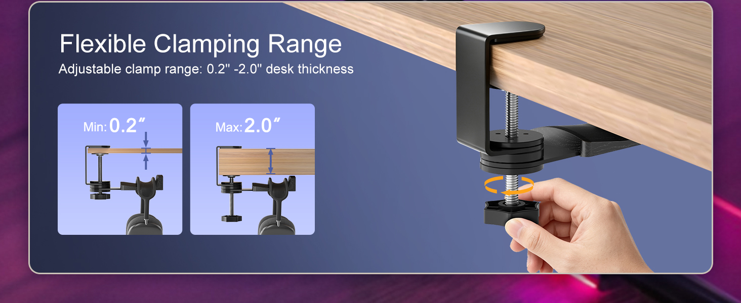 Flexible Clamping Range Adjustable clamp range: 0.2&amp;#34; -2.0&amp;#34; desk thickness