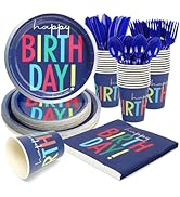 PCLMLES 168pcs Party Paper Plates Blue Happy Birthday Plates and Napkins, Cups, Knives, Forks, Sp...