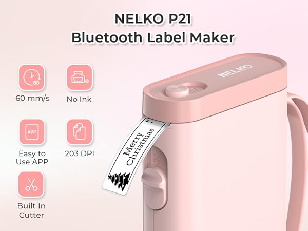 NELKO P21 Bluetooth Label Maker in pale pink. Device shown with sample printed label.