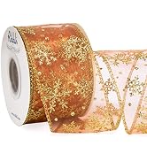 Ribbli Snowflake Glitter Wired Ribbon, Rose Gold Organza Sheer Ribbon with Gold Glitter Snowflake...