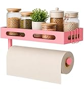 Pink Paper Towel Holder Wall Mount with Shelf, Easy One Hand Tear, Adhesive Glue or Drill Mount H...