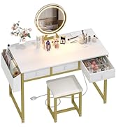 Lufeiya 40 Inch Vanity Desk with 3 Drawers, Makeup Dressing Table with Mirror, White Gold