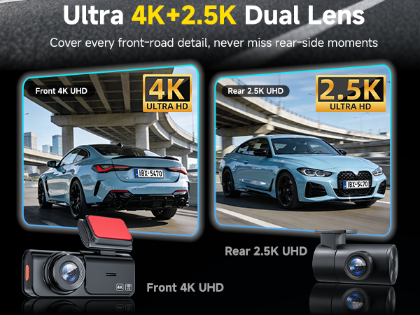 Dual Dash Cam Front and Rear: 4K+2.5K Dash Camera for Cars Built-in 5G WiFi APP Control Car Dashcam