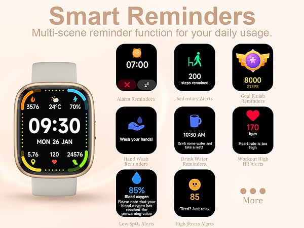 Text reads 'Smart Reminders' and 'Multi-scene reminders function for your daily needs'. Smartwatch with square face displaying time 09:30 MON 26 JAN, surrounded by app interface icons showing features like steps (3800), water intake, heart rate, and additional utility functions.