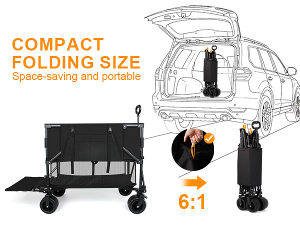 Compact foldable double decker wagon fits in car trunks for space saving outdoor gear storage