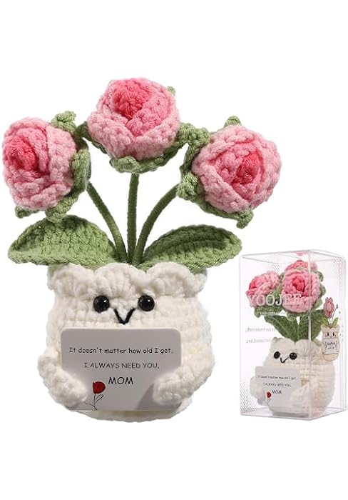 YOOJEE Crochet Rose Gift for Mom – Mothers Day Gifts from Daughter Son, Handmade Pink Rose Flower...