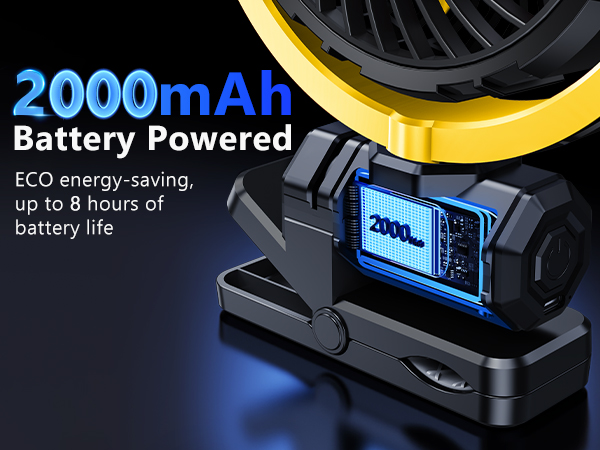 portable clip on fan rechargeable for car has a 2000mAh battery that offers up to 8h of coolness