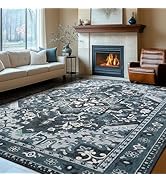 Rugflix 8x10 Area Rugs Machine Washable, Dark Navy Blue Carpet for Living Room, Oriental Indoor A...