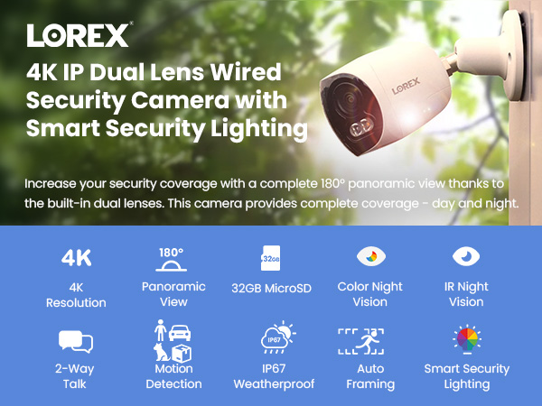Lorex H20 4K IP Wired Dual Lens Security Camera with Smart Security Lighting and Motion Detection