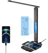 Poukaran Desk Lamp, LED Desk Lamp with Wireless Charger, USB Charging Port, Table Lamp with Clock...