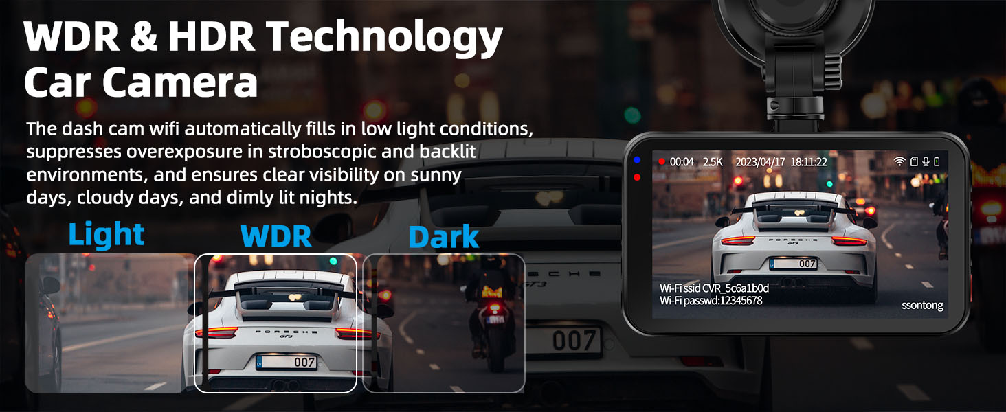 Comparison of car camera footage in different lighting conditions. Demonstrates WDR &amp; HDR technology enhancing visibility in light, WDR, and dark environments.