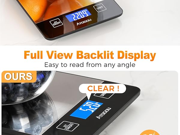 Atogou Food Scale, 33lb/15kg Rechargeable Kitchen Scale with Full-View Backlit LCD Display