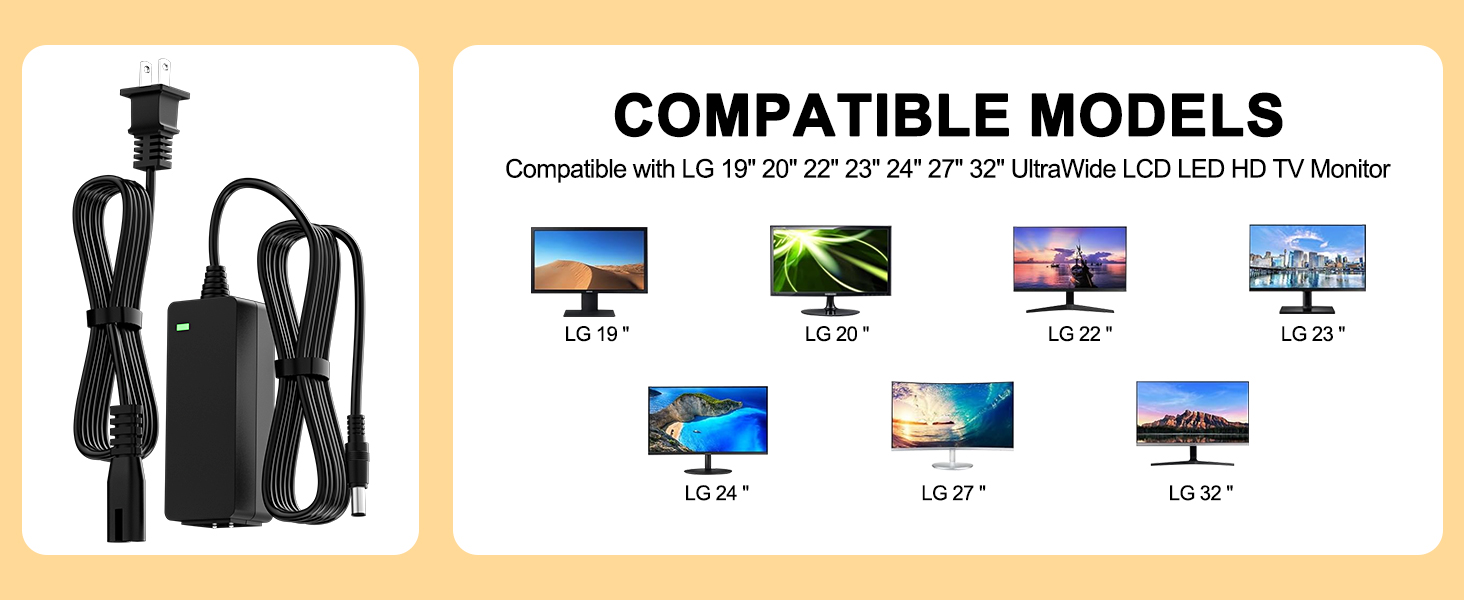 19V LG Monitor Power Cord