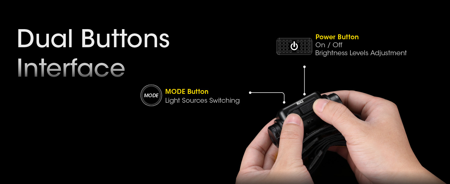 A set of hands hold the NU43 and show the two buttons that are used to operate it.