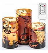 DRomance Pumpkin Glass Flameless Candles with Remote and Timer, Battery Operated Realistic 3D Wic...