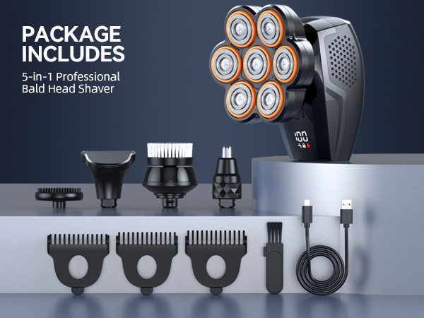 5-in-1 Bald Head Shaver Kit, 7D Magnetic Head Razor with Multiple Grooming Attachments