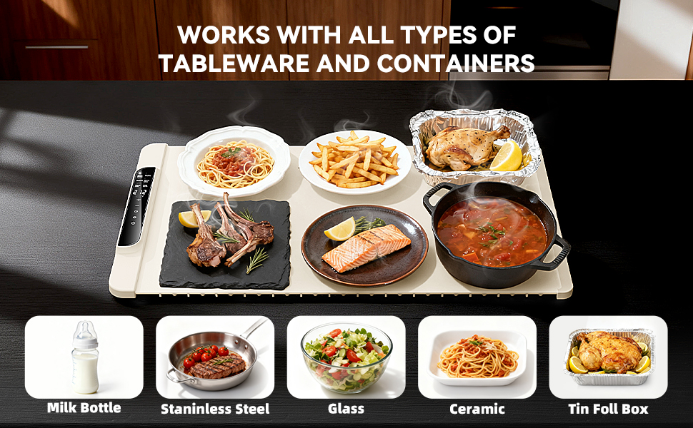 WORKS WITH ALL TYPES OF TABLEWARE AND CONTAINERS