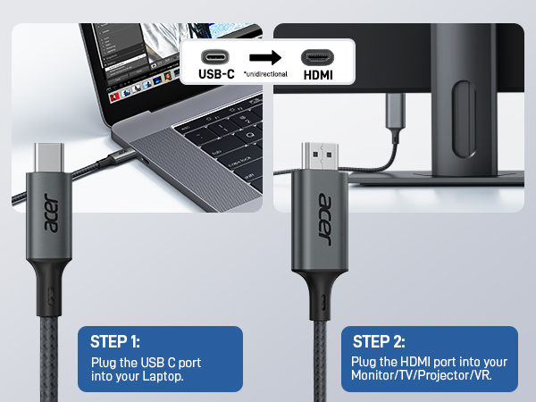 Instructional diagram showing USB-C to HDMI cable connection steps between laptop and monitor.