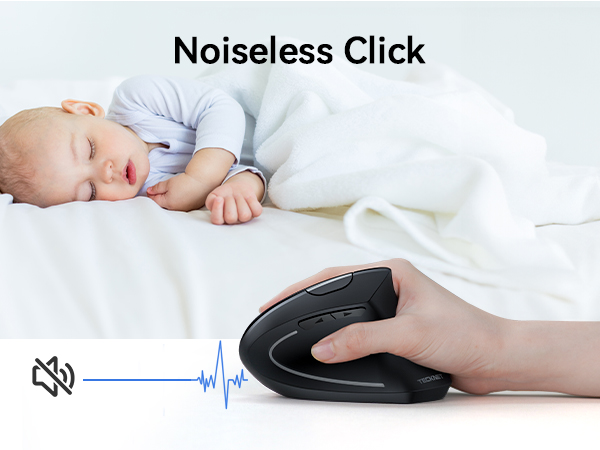 Ergonomic wireless computer mouse with noiseless click feature, shown in black with curved design, demonstrated in quiet environment context.