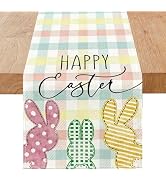 Niviy Buffalo Plaid Rabbit Bunny Happy Easter Table Runner, Check Stripes Kitchen Table Decor, Sp...