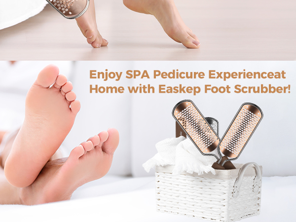 Foot scrubber with metal grating surface in a white plastic base, shown with bare feet. Text indicates it's for at-home spa pedicure experience.