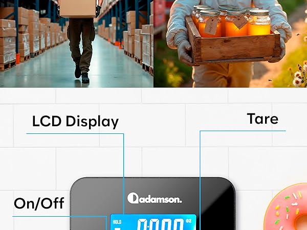 Text visible: 'LCD Display', 'Tare', 'On/Off', 'bekomon'. Product diagram showing labeled features of a digital measurement device.