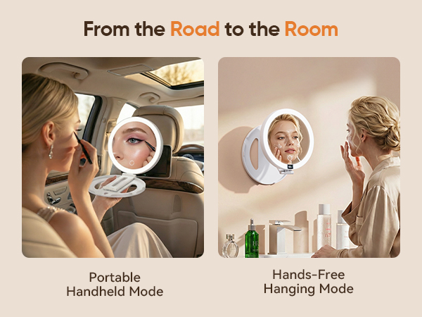 Versatile makeup mirror used as handheld in car and hanging hands free on bathroom wall