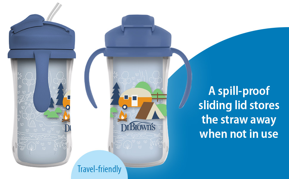 A spill-proof sliding lid stores the straw away when not in use