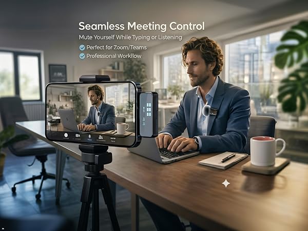 Wireless lapel mic with mute button for seamless Zoom and Teams meetings in office setting