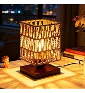 Rattan Table Lamp, Boho Bedside Lamp Vintage Wooden Nightstand Nightlight, Rustic Bamboo Woven En...