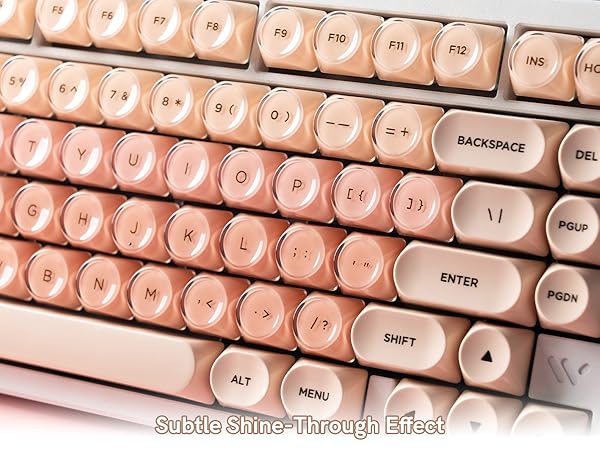 a keyboard with semi-transparent shine-through keycaps, featuring a pink color scheme